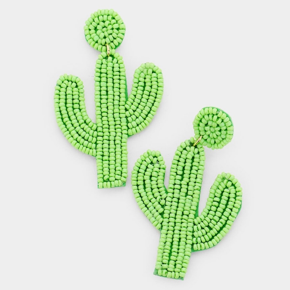 Green Beaded Cactus Dangle Earrings Fun Shaped Lt